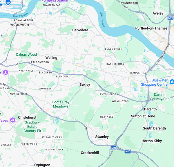 Map showing roofing services in Bexley and surrounding South London areas