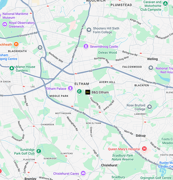 Map showing roofing services in Eltham and surrounding South London areas