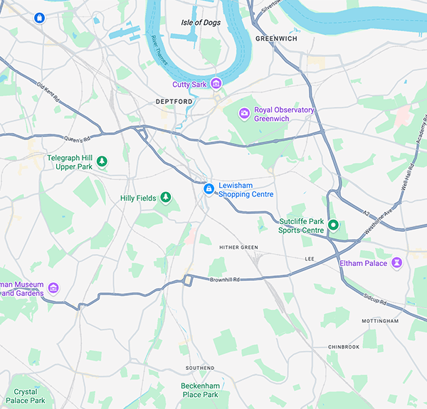 Map showing roofing services in Lewisham and surrounding South London areas