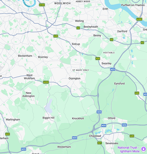 Map showing roofing services in Orpington and surrounding South London areas