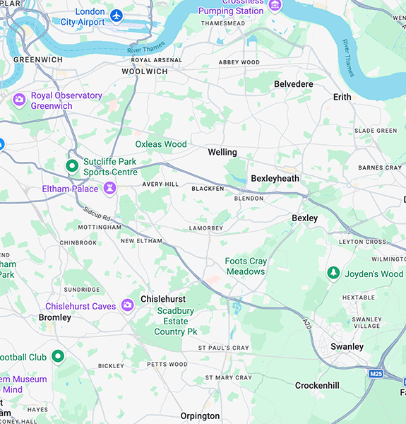 Map showing roofing services in Sidcup and surrounding South London areas