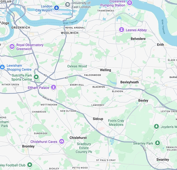 Map showing roofing coverage across Bexley, Sidcup, Eltham, Lewisham and Orpington